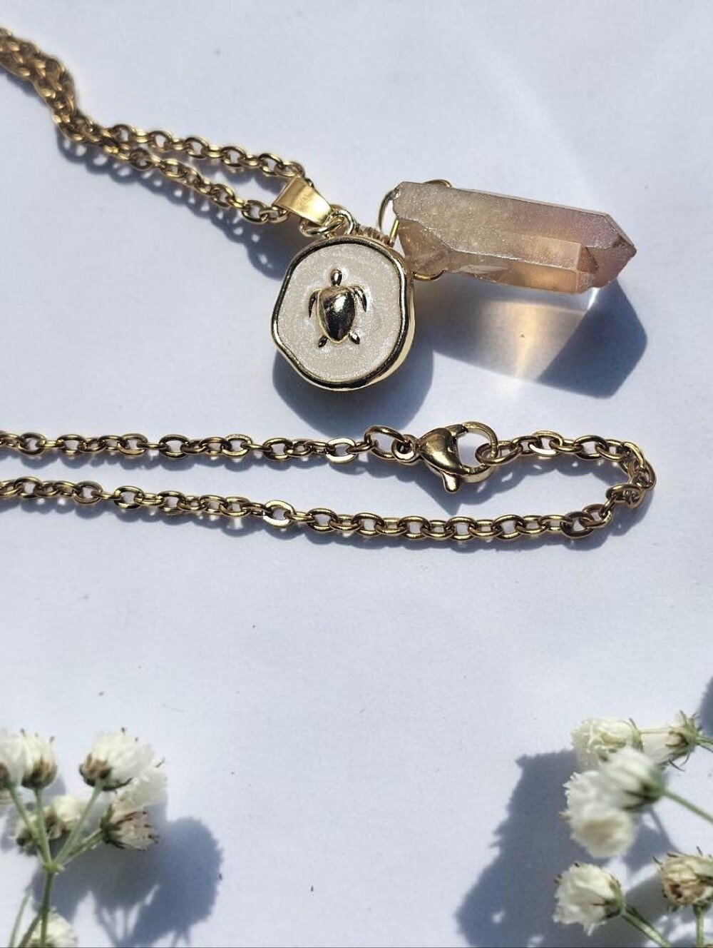 Gold Chain Necklace with Clear Champagne Quartz Point and Gold Accent Charm